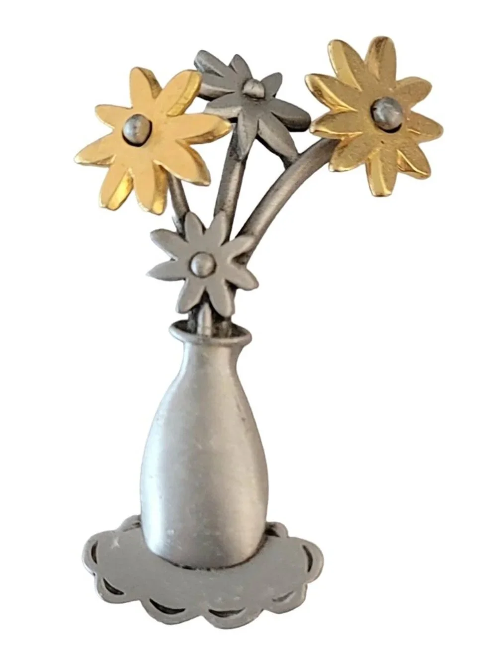 JJ Jonette Gold And Silver Tone Flower, Vase Brooch, Signed M604